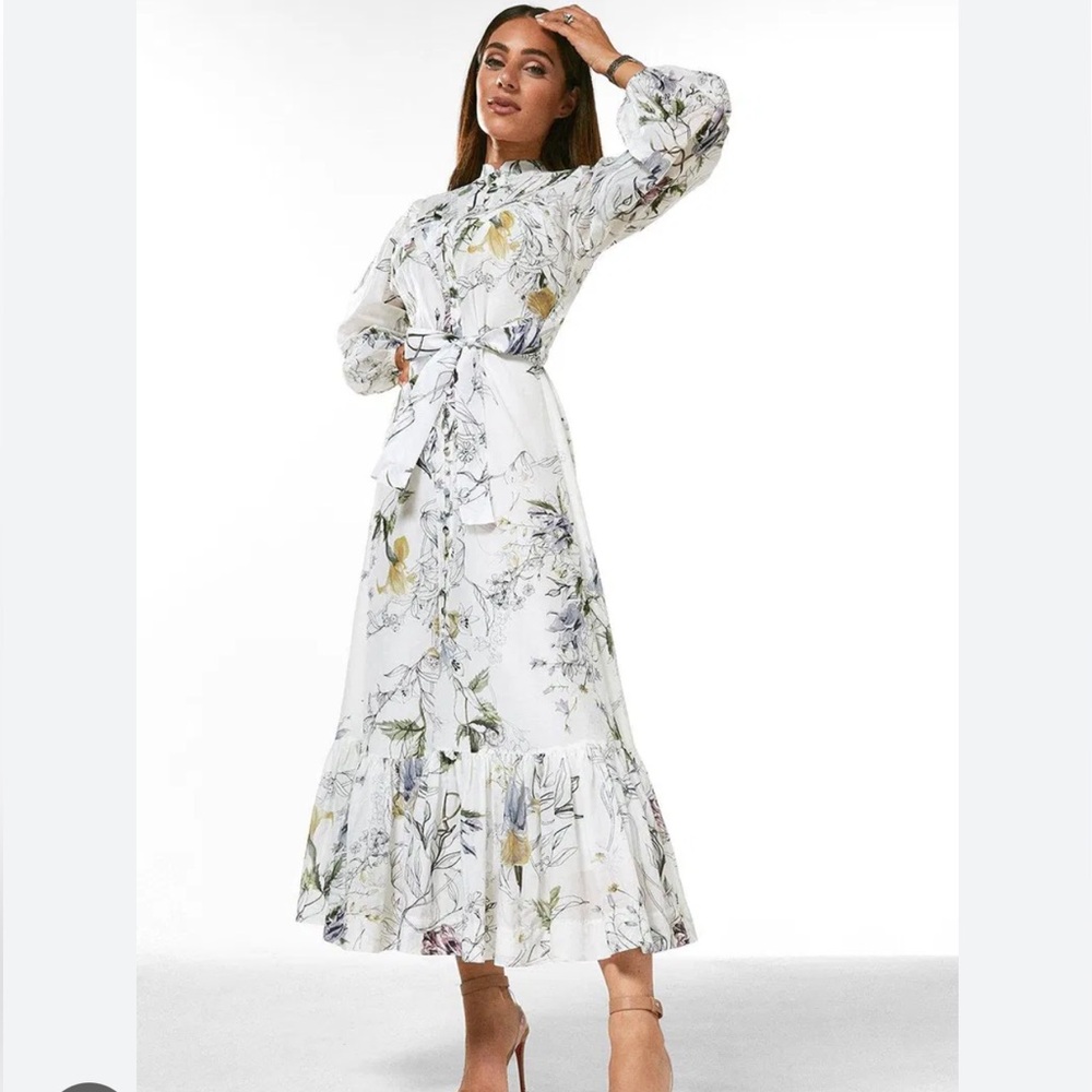 Karen Millen White Cotton Silk Botanical Button Down Pintuck Maxi Dress NWT
